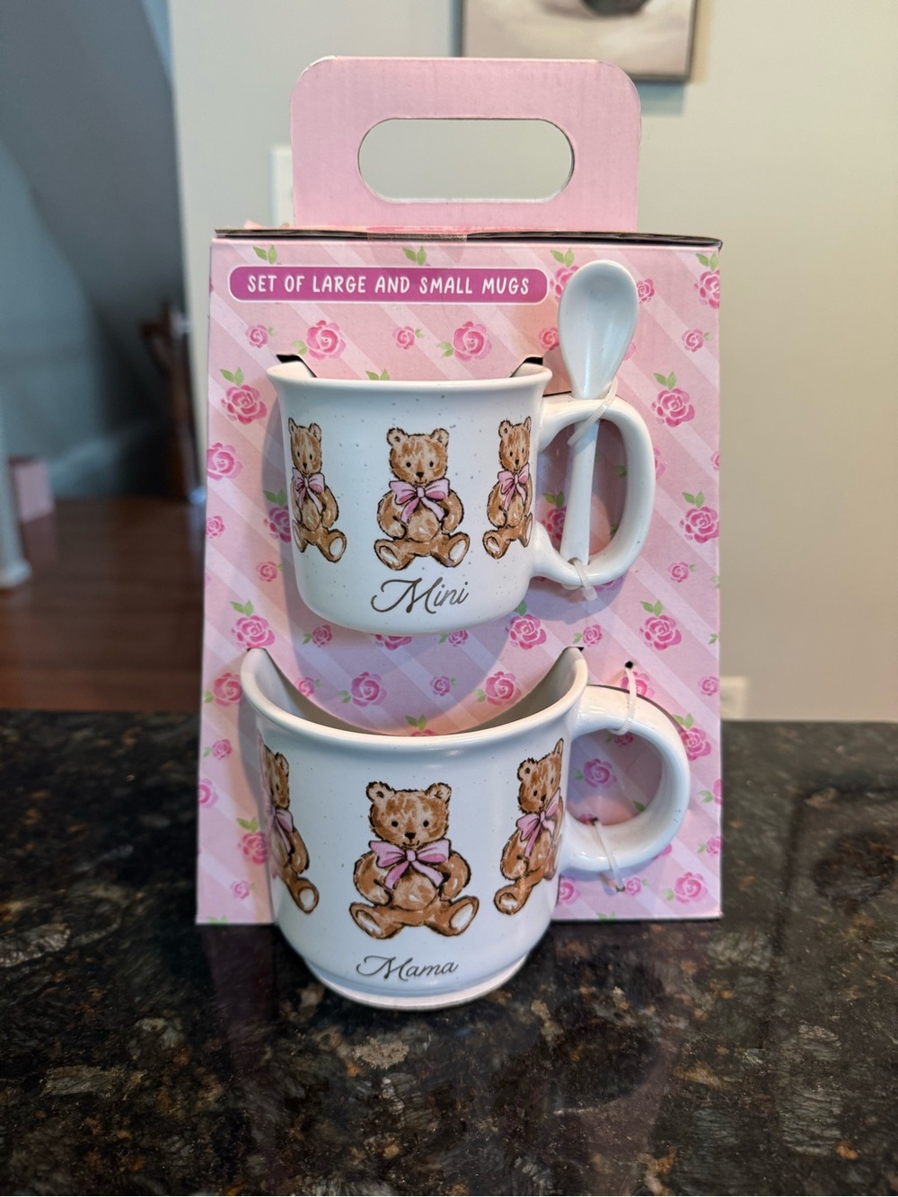 Mini & Mama Teddy Bear Ceramic Coffee Mug Set of Two with Spoon NEW